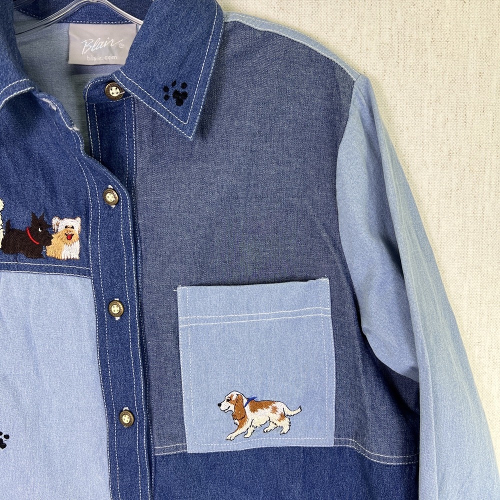 VTG Blair Embroidered Denim L/S Shirt Dog Lover Patchwork Women's Medium Y2K - Picture 2 of 9